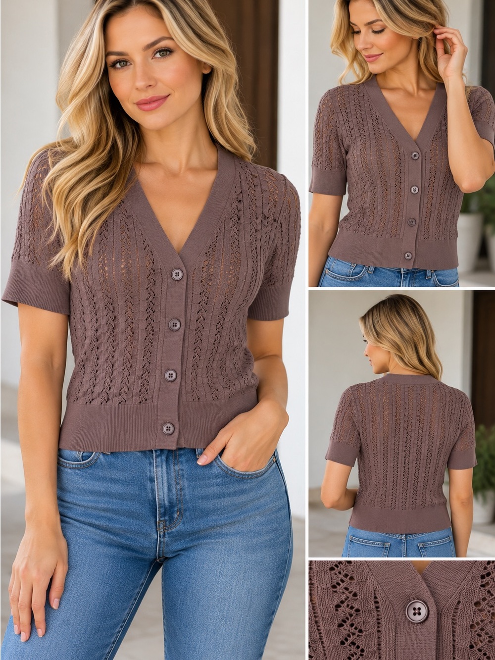 LOFT Taupe Short-Sleeve Button-Front V-Neck Sweater